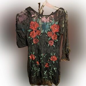 Black Lace Dress with Red Floral Embroidery